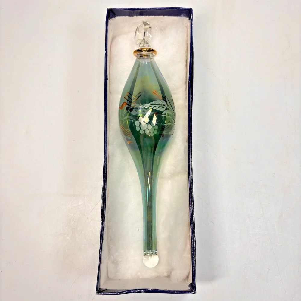 VTG Egyptian Hand Blown Fancy 24K Gold Etched Glass Christmas Ornament  8